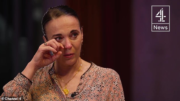 The actress wipes away a tear during an interview on Channel 4 News earlier this week