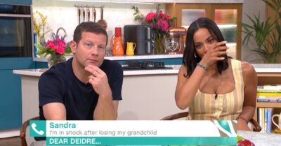 4tDermot O'Leary looking forward and Rochelle Humes in tears on This Morning today