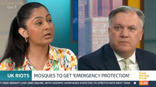 Ed Balls looking angry and Zarah Sultana speaking on Good Morning Britain