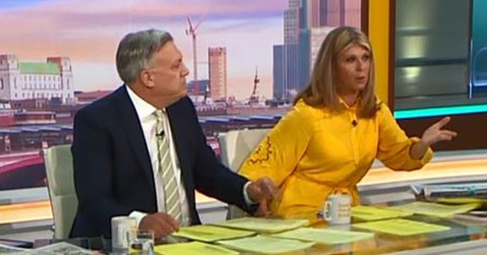 Ed Balls and Kate Garraway mid-discussion on Good Morning Britain