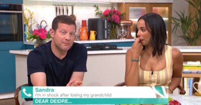 4tDermot O'Leary looking forward and Rochelle Humes in tears on This Morning today